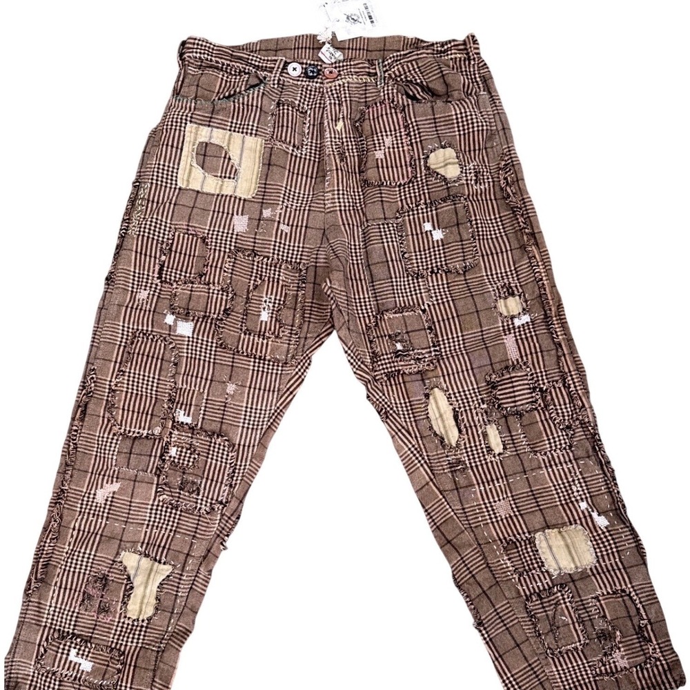 Magnolia Pearl Yarn Dyed Cotton Patchwork Check Miner Pants Adjustable Waist NEW - Picture 13 of 14